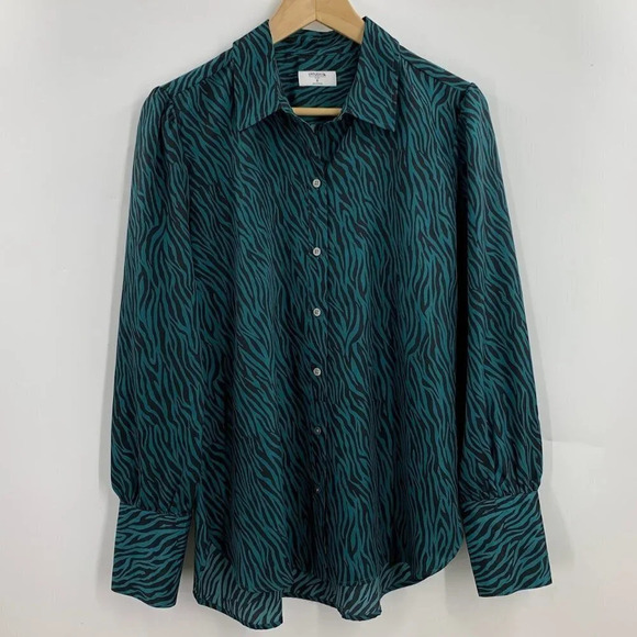 Untuckit‎ Women's Carlyn Green Black Zebra Print Button Down Shirt Blouse Size 8 - Picture 1 of 11